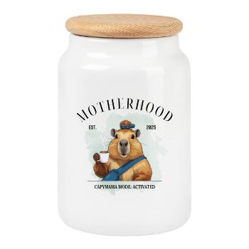 Capymama Mode Activated – Motherhood 2025 - Keksdose mit Holzdeckel - Weiß - Vorne