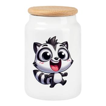 Kawaii Raccoon Cartoon Joy Cute Fun Kids - Cookie Jar with Wooden Lid - white - Front