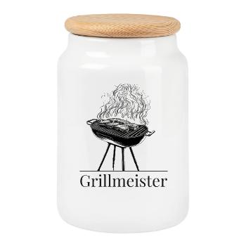 Grill master with smoke and steak - Cookie Jar with Wooden Lid - white - Front