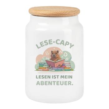 Capybara beim Lesen zwischen Bücherstapel - Keksdose mit Holzdeckel - Weiß - Vorne