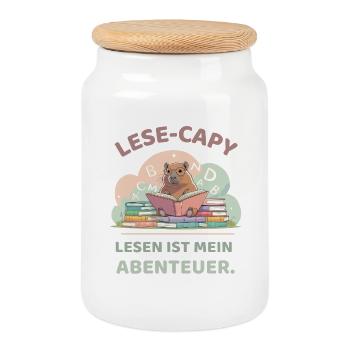 Capybara reading between stacks of books - Cookie Jar with Wooden Lid - white - Front