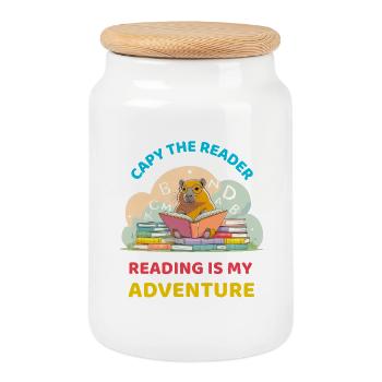 funny capybara reading between stacks of books - Cookie Jar with Wooden Lid - white - Front