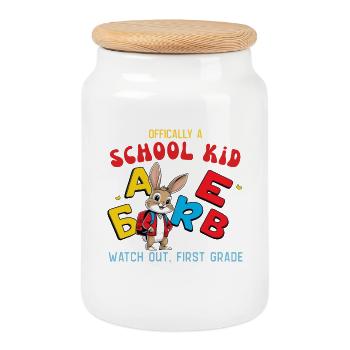 Schoolchild with ABC letters design - Cookie Jar with Wooden Lid - white - Front