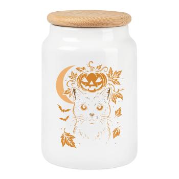 Halloween Katze mit Kürbis und Mond - Keksdose mit Holzdeckel - Weiß - Vorne