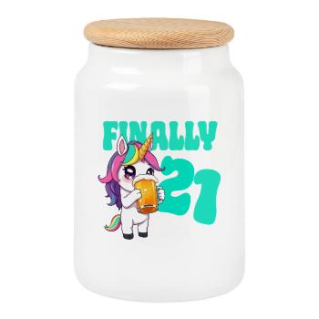Unicorn Finally 21 - Beer Birthday Unicorn - Cookie Jar with Wooden Lid - white - Front