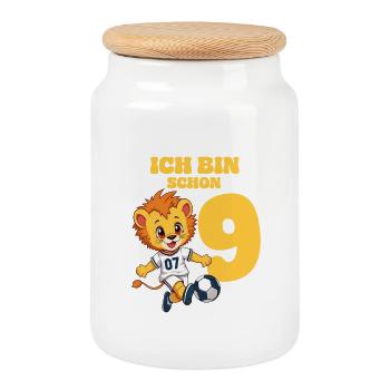 Football Lion - I am already 9 years old - Cookie Jar with Wooden Lid - white - Front