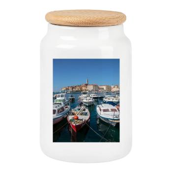 View of the port of Rovinj - Cookie Jar with Wooden Lid - white - Front