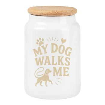 Mon chien me promène - Design pour amoureux des animaux - Boîte à biscuits avec couvercle en bois - blanc - Devant