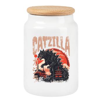 Japanische Kaiju Katze  - Keksdose mit Holzdeckel - Weiß - Vorne
