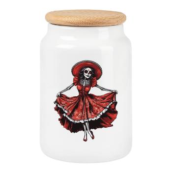 dancing La Catrina woman in red dress :) - Cookie Jar with Wooden Lid - white - Front
