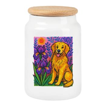 Lebendiger Golden Retriever im Blumengarten - Keksdose mit Holzdeckel - Weiß - Vorne