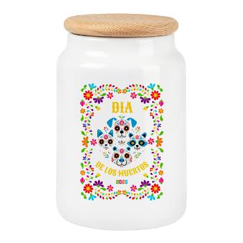 Farbenfrohes Día de los Muertos Motiv - Keksdose mit Holzdeckel - Weiß - Vorne
