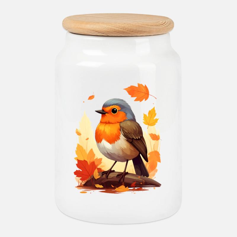 Rotkehlchen im Herbst - Keksdose mit Holzdeckel - Weiß