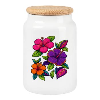 Vibrant Hibiscus Floral Motifs - Cookie Jar with Wooden Lid - white - Front