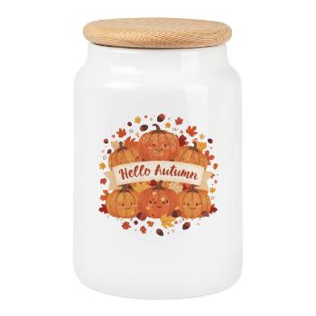 Pumpkins with autumn leaves hello autumn - Cookie Jar with Wooden Lid - white - Front