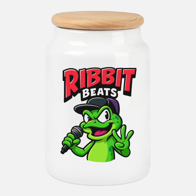 Drôle de grenouille avec microphone de rap - Boîte à biscuits avec couvercle en bois - blanc
