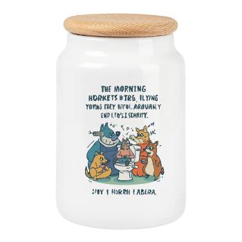 Morning chaos of the animal gang: smoking, toilet, coffee - Cookie Jar with Wooden Lid - white - Front