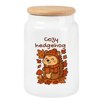 Kuscheliger Herbstigel mit Tee cozy - Keksdose mit Holzdeckel - Weiß - Vorne