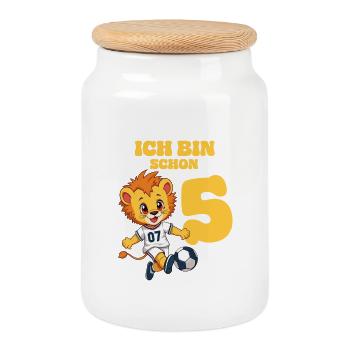 Football Lion 5th Birthday - Cookie Jar with Wooden Lid - white - Front