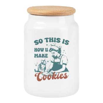 So This Is How U Make Cookies Cute Cat - Cookie Jar with Wooden Lid - white - Front