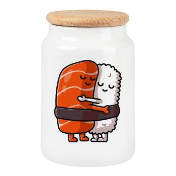 Kawaii Tuna Sushi Hug Each Other Maguro Hugging - Cookie Jar with Wooden Lid - white - Front