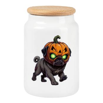 Creepy Halloween Pug Zombie Dog Cartoon Pumpkin - Cookie Jar with Wooden Lid - white - Front