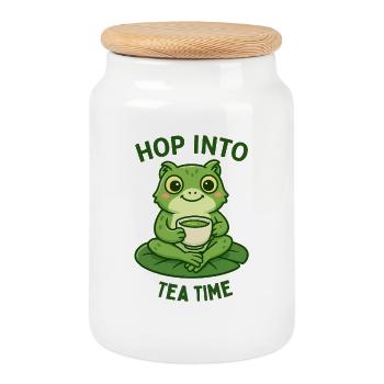 grenouille thé temps Matcha Illustration Design - Boîte à biscuits avec couvercle en bois - blanc - Devant