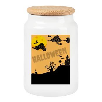 Halloween Silhouette by Moon - Cookie Jar with Wooden Lid - white - Front