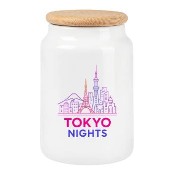 Tokyo Nights Neon Skyline Japan Design - Cookie Jar with Wooden Lid - white - Front