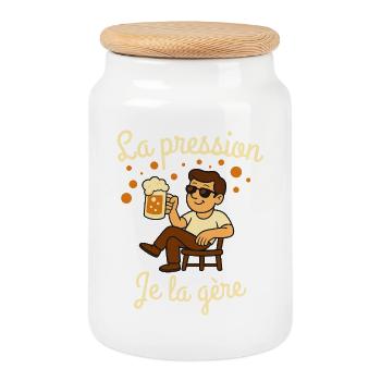 La pression je la gère, Humour bière - Boîte à biscuits avec couvercle en bois - blanc - Devant