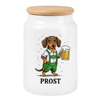 Cheers Beer Dachshund Lederhose Bavaria Traditional Costume Beer Tent - Cookie Jar with Wooden Lid - white - Front