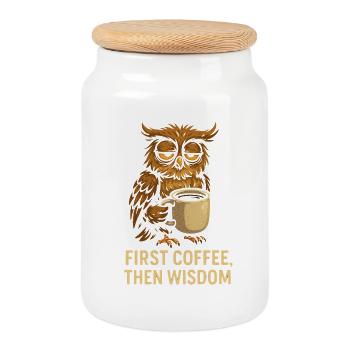 Eule mit Kaffee: Erst Kaffee, dann Weisheit - Keksdose mit Holzdeckel - Weiß - Vorne