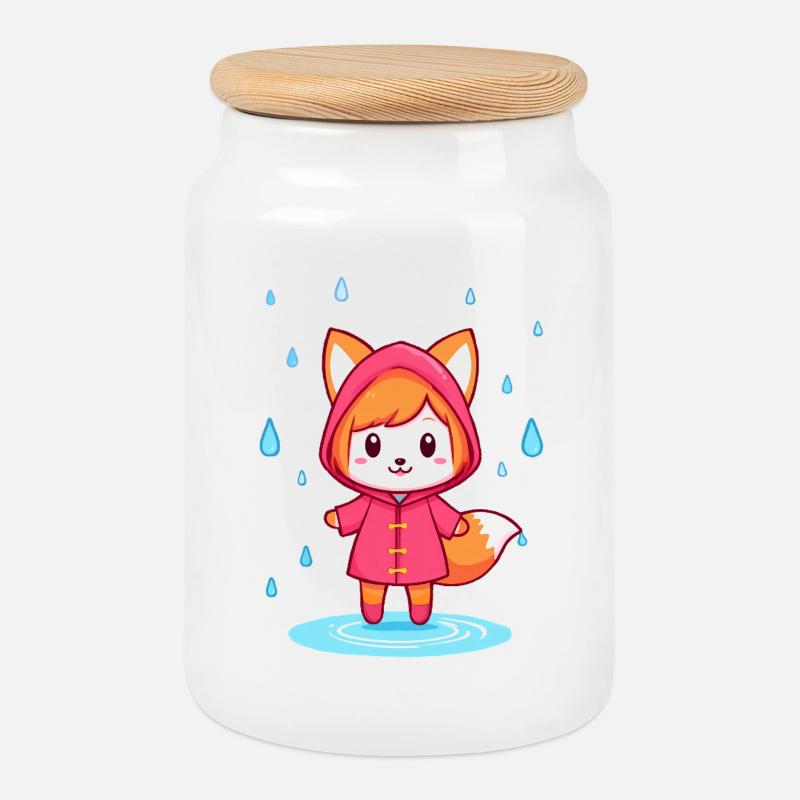 Kleiner Chibi-Fuchs im Regenmantel - Keksdose mit Holzdeckel - Weiß