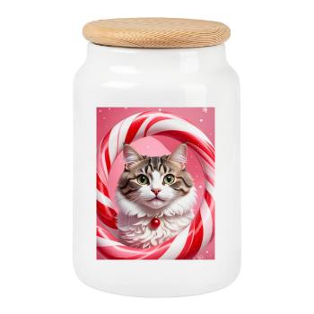 Christmas Cat in Candy Ring Design - Cookie Jar with Wooden Lid - white - Front
