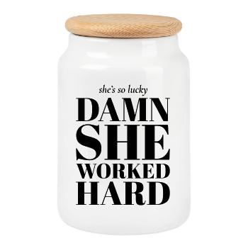 damn she worked hard Feminist quote - Cookie Jar with Wooden Lid - white - Front