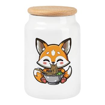 Kawaii Fuchs isst Ramen Nudeln - Keksdose mit Holzdeckel - Weiß - Vorne