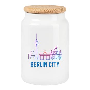 Berlin Stadt Neon Skyline Silhouette Illustration  - Keksdose mit Holzdeckel - Weiß - Vorne
