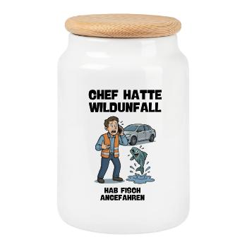 Dessin animé d’assistance aux accidents avec poisson et voiture - Boîte à biscuits avec couvercle en bois - blanc - Devant