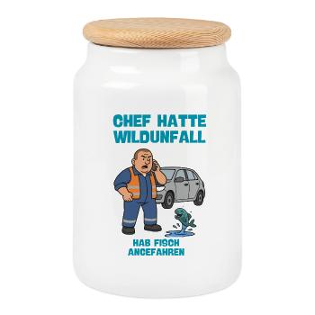 Chief: Wildlife accident with fish - Cookie Jar with Wooden Lid - white - Front