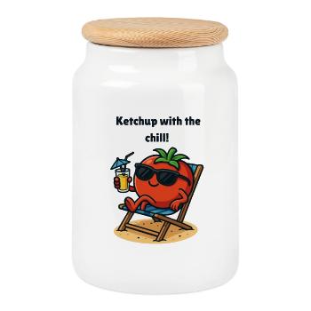 Tomate - Ketchup im Strandmodus Karikatur  - Keksdose mit Holzdeckel - Weiß - Vorne