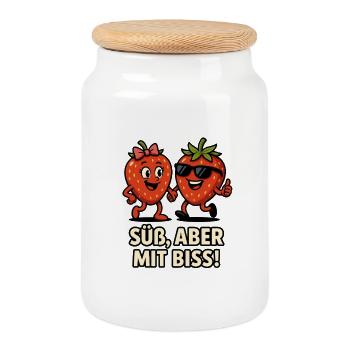Sweet Bite Strawberries Duo Fruit Fruits Illustration - Cookie Jar with Wooden Lid - white - Front