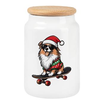 Border Collie Dog Christmas Funny - Cookie Jar with Wooden Lid - white - Front