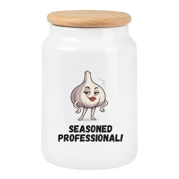 Garlic Lady - Confident Caricature - Cookie Jar with Wooden Lid - white - Front