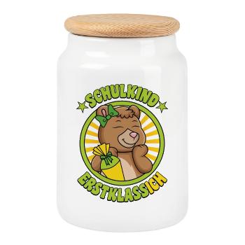 Schoolchild First Grade Me Bear with School Cone Girl - Cookie Jar with Wooden Lid - white - Front