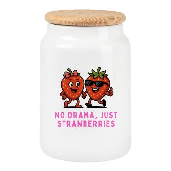 Strawberries - No Drama Just strawberries Caricature - Cookie Jar with Wooden Lid - white - Front