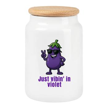Eggplant - vibes in violet cartoon - Cookie Jar with Wooden Lid - white - Front