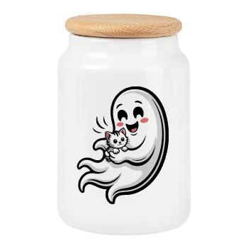 Fantôme câlin avec chat - Boîte à biscuits avec couvercle en bois - blanc - Devant
