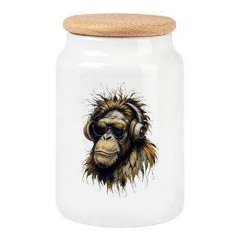 Singe cool avec des écouteurs - Boîte à biscuits avec couvercle en bois - blanc - Devant