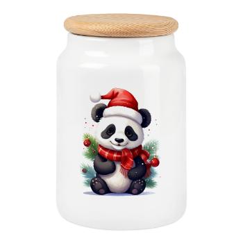 Cute Christmas Panda with Scarf - Cookie Jar with Wooden Lid - white - Front