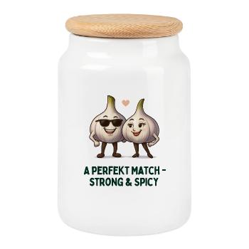 Garlic Love Duo Strong And Spicy Cartoon - Cookie Jar with Wooden Lid - white - Front